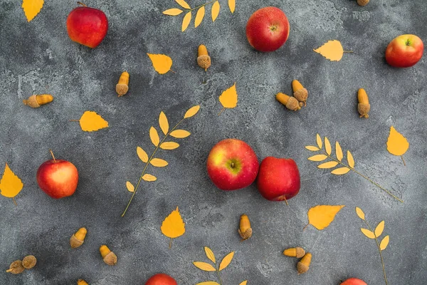 Autumn composition. Fall leaves, apple and acorns on dark backgr — Stock Photo, Image