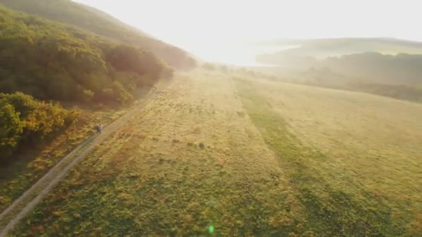 Vista Aérea Con Campos Árboles Lago Atardecer Amanecer Con Niebla — Vídeo de stock