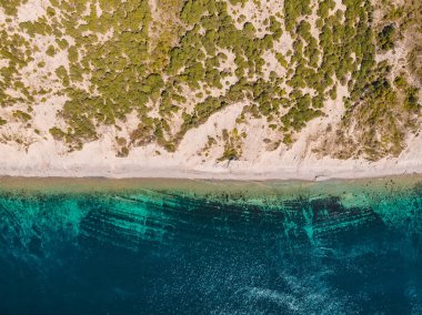 Kıyı şeridi, orman ve şeffaf mavi deniz. Gökyüzü görüntüsü