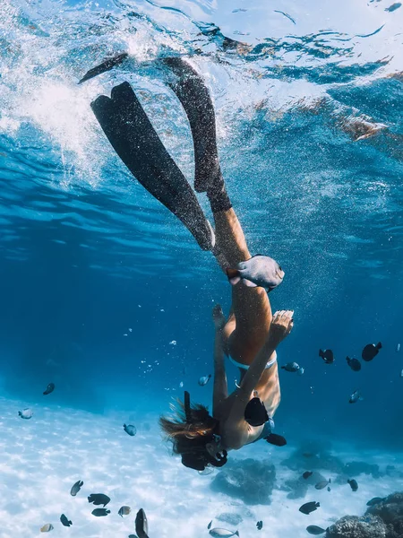 Young woman free diver in bikini glides over sandy sea with fishes. Freediving at Hawaii.