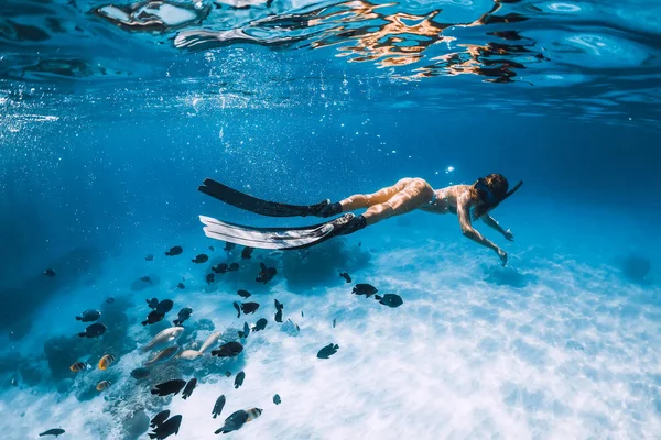 Junge Freitaucherin Bikini Gleitet Mit Fischen Über Sandiges Meer Freitauchen — Stockfoto