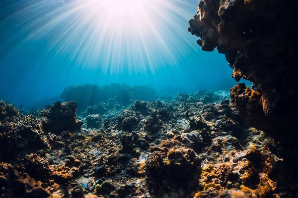 Scena subacquea con coralli, rocce e raggi solari. Oceano tropicale — Foto Stock