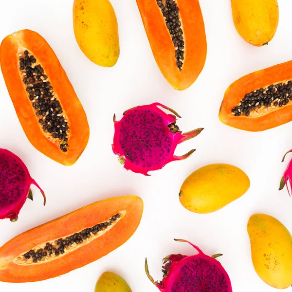Gyümölcs Minta Papaya Mangó Sárkány Gyümölcsök Fehér Alapon Lapos Fekvés — Stock Fotó