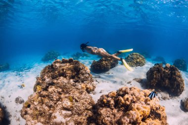Kadın tropikal okyanusta sarı yüzgeçlerle suya dalıyor. Mauritius 'ta serbest dalış ya da şnorkelle yüzme
