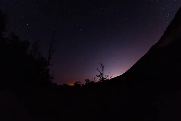 Céu Estrelado Noturno Com Cometa 2020 Neowise Montanhas Com Árvores — Fotografia de Stock