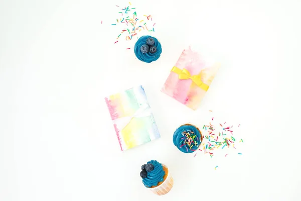 Sweet Muffins Candy Confetti Rainbow Gift Box Isolated White Background — Stock Photo, Image