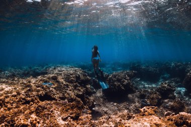 Kadın serbest dalgıç okyanusta suyun altında süzülüyor. Yüzgeçlerle serbest dalış