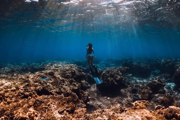 Γυναίκα Ελεύθερη Δύτης Γλιστράει Κάτω Από Τον Ωκεανό Ελεύθερη Κατάδυση — Φωτογραφία Αρχείου