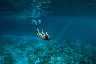 Yüzgeçli kadın serbest dalgıç şeffaf okyanusta suyun altında yüzüyor.