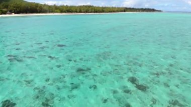 Mauritius 'ta tropik bir sahil. Kumsal ve mavi göl. Hava görünümü