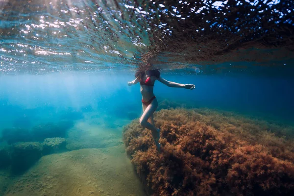 Mulher Atraente Ficar Pedra Com Algas Marinhas Debaixo Água Natação — Fotografia de Stock