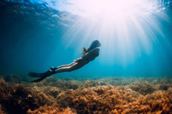 Mujer Delgada Bikini Desliza Mar Azul Con Rayos Sol Freediving —  Fotos de Stock