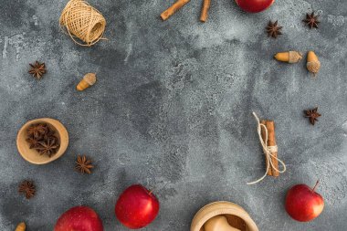 Kopya alanı ile sonbahar kompozisyonu. Sonbahar yaprakları, elma, tarçın ve meşe palamudu. Şükran Günü konsepti. Düz yatış, üst görünüm