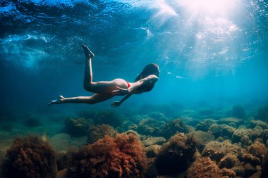 Çekici kadın su altında yosunla taşın yakınına dalıyor. Mavi denizde yüzmek