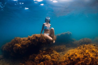 Bikinili kadın su altında kaya pozu veriyor. Serbest dalgıç mavi denizde rahatlar.