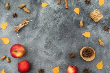 Şükran Günü konsepti. Sonbahar yaprakları, elma, tarçın ve meşe palamudu. Düz yatış, üst görünüm