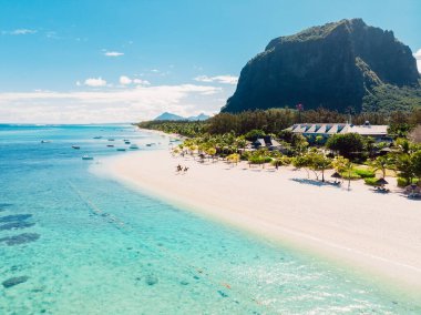 Mauritius 'ta lüks bir plaj. Palmiyeleri ve saydam okyanusları olan tropik bir sahil. Hava görünümü
