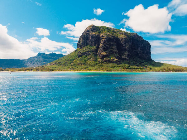 Aerial view of Mauritius panorama and Le Morne Brabant mountain and blue ocean water