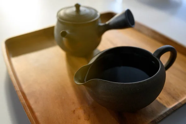 Asian Style Dark Brown Clay Tea Set Wooden Tray Light — Stock Photo, Image