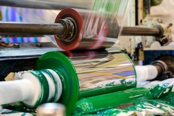 Impresión Huecograbado Máquina Está Funcionando Impresión Color Bolsas Plástico —  Fotos de Stock