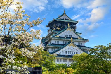 Yazın Osaka Şatosu 'nda bazı Yoshino kiraz çiçekleri açan bahçesiyle Japonya' nın Osaka şehrinin göbeğinde