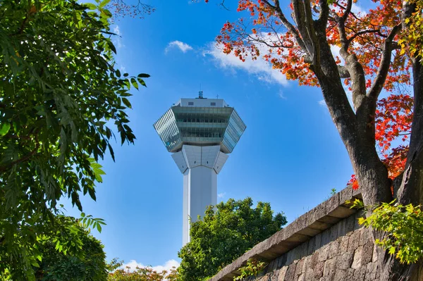 Gündüz Goryokaku Kulesi, mavi gökyüzü ve bulutlar Hakodate, Hokkaido 'da turistler için popüler bir yerdir.