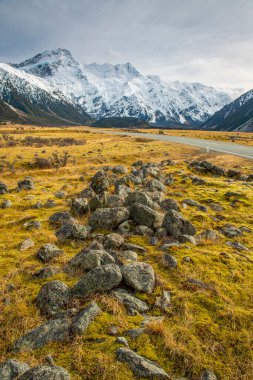 Tepesinde kar olan yüksek dağlar ve kışın otobanlar. Yol kenarındaki çimenler Yeni Zelanda, Yeni Zelanda 'daki Ulusal Park bölgesinde sarı renktedir.