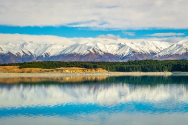 Dağların panoramik manzarası ve göl çam ağaçları Yeni Zelanda 'daki Pukaki Gölü' nün turkuaz suyunu yansıtıyor.