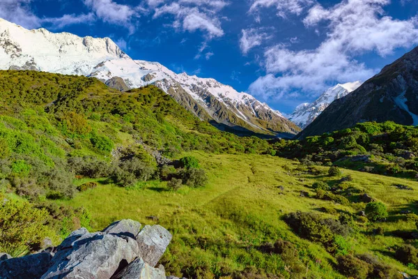 Yaz aylarında Yeni Zelanda 'nın güneyindeki Cook Dağı Ulusal Parkı' nda açık gökyüzü ve bulutlarla birlikte dağ manzarası ve yeşil çimenler..