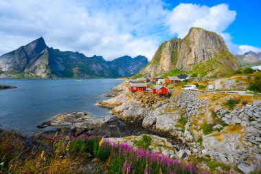 Norveç, Lofoten, Hamnoy köyündeki Panorama manzaralı dağ ve deniz