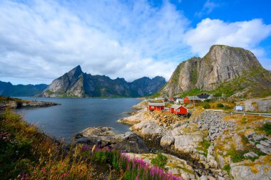 Norveç, Lofoten, Hamnoy köyündeki Panorama manzaralı dağ ve deniz
