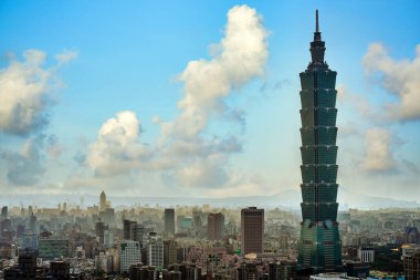 The view from the heights of Taipei City with Taipei 101, Taiwan's capital in the evening, blue sky and beautiful clouds. clipart