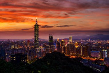 Alacakaranlık başkenti Tayvan 'ın Alacakaranlık başkenti Xinyi Ticaret Bölgesi' nde Taipei 101 Kulesi ile alacakaranlıkta şehir merkezinin panoramik hava manzarası.