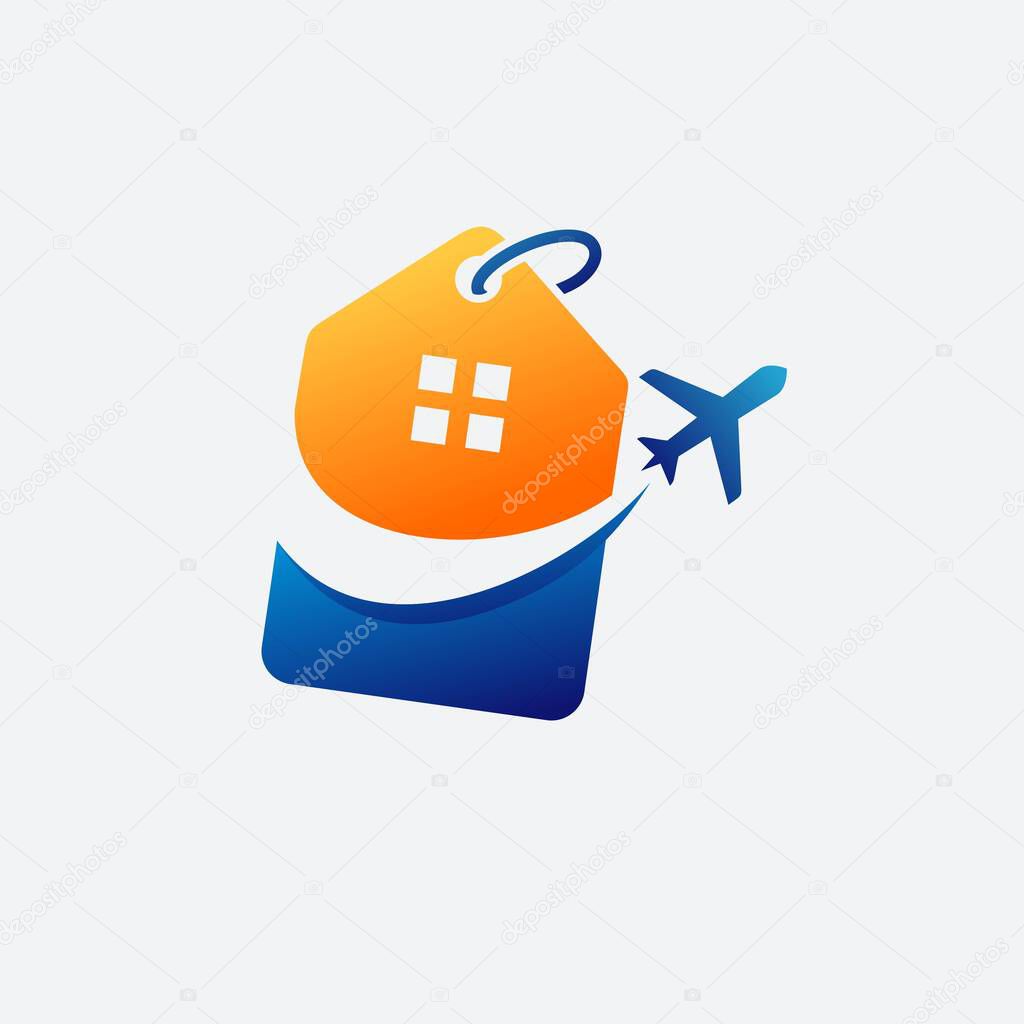 House in the shape of price tag with silhouette of flying travel airplane Vector Logo Template