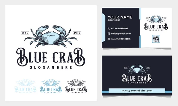 Desenho Mão Azul Caranguejo Ilustração Vintage Logo Design Com Cartão — Vetor de Stock