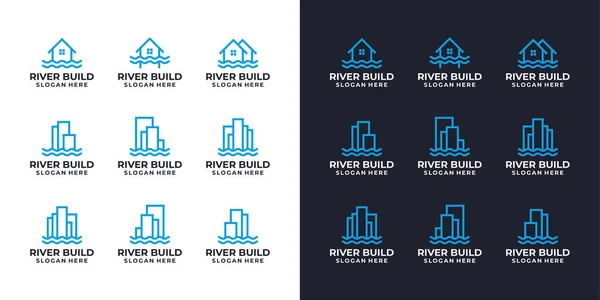 Coleção Conjuntos Arquitetura Edifícios Com Conceito Linha Rio Abstrato Rio —  Vetores de Stock