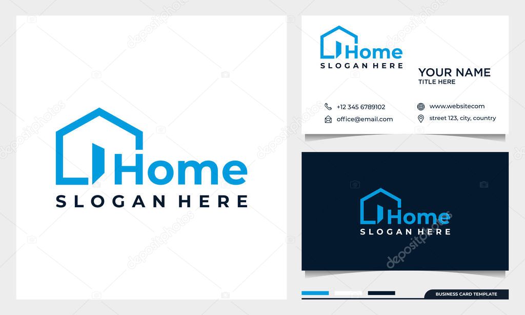 Home creative symbol concept. open door, building enter, real estate agency abstract business logo with business card template