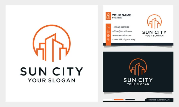Sun Line Art Building Logo Design Moon City Ingatlan Építészet — Stock Vector