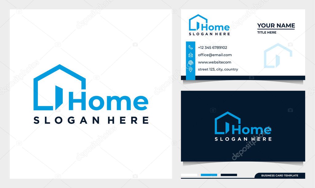 Home creative symbol concept. open door, building enter, real estate agency abstract business logo with business card template