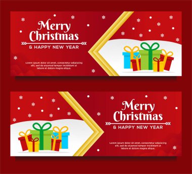 Mutlu Noeller ve mutlu yeni yıl afişleri Noel ağacı ve kırmızı arka planlı hediye kutusu