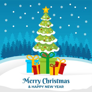 Mutlu Noeller ve mutlu yeni yıl afişleri Noel ağacı ve mavi arka planlı hediye kutusu