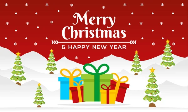 Mutlu Noeller ve mutlu yeni yıl afişleri Noel ağacı ve kırmızı arka planlı hediye kutusu