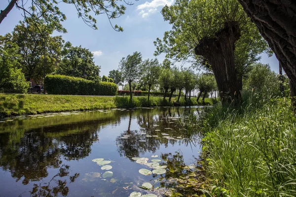 Malebné Holandská krajina s povrchem klidné řeky na letní den v modré obloze v Nizozemsku — Stock fotografie