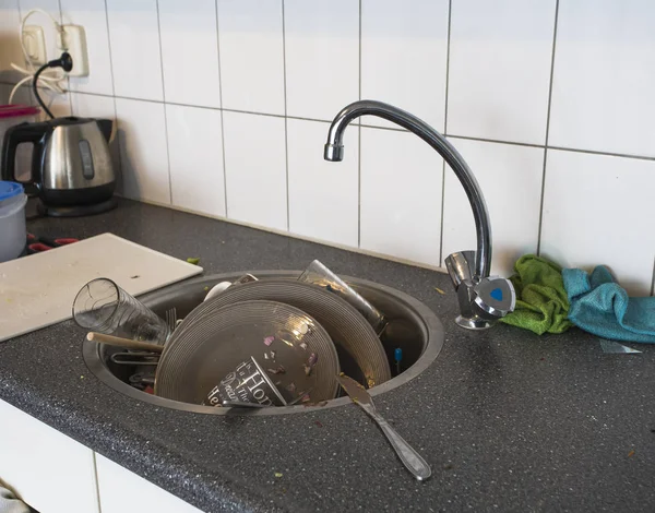 Lot Dirty Dishes White Sink Kitchen — Stock Photo, Image