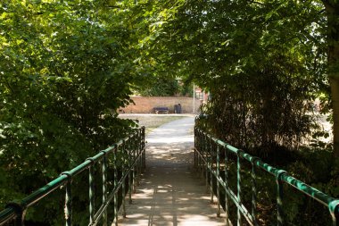 Tezgah yaz parkta yaşlı ağaç ve ahşap köprü