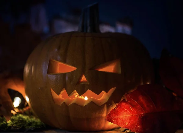 Abóboras de Halloween em madeira em uma floresta assustadora à noite, com fundo de luz assustador — Fotografia de Stock