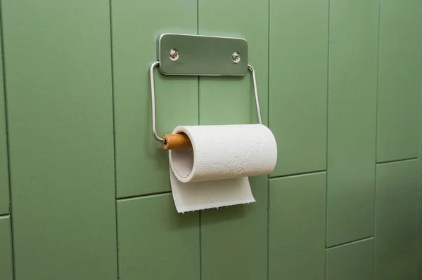 White Roll Soft Toilet Paper Neatly Hanging Modern Chrome Holder — Stock Photo, Image