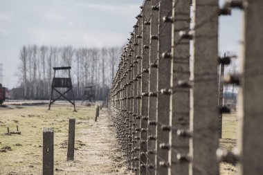Toplama kampında bir Watchtower Auschwitz Birkenau polen, 12 Mart 2019