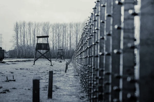 Az Őrtorony a koncentrációs táborban auschwitzi Birkenau Polen, március 12, 2019 — Stock Fotó