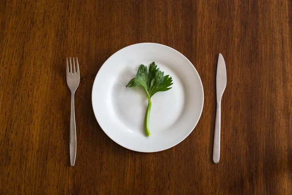 Έννοια της δίαιτας. ένα πράσινο λαχανικό σε ένα άδειο λευκό πιάτο με γυναίκα χέρια σέλινο σε ξύλινο τραπέζι υγιή — Φωτογραφία Αρχείου